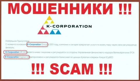 Юр лицом, управляющим кидалами К-Корпорэйшн, является K-Corporation Group