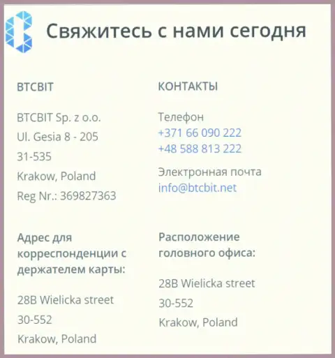 Контактные сведения обменки BTCBIT Sp. z.o.o